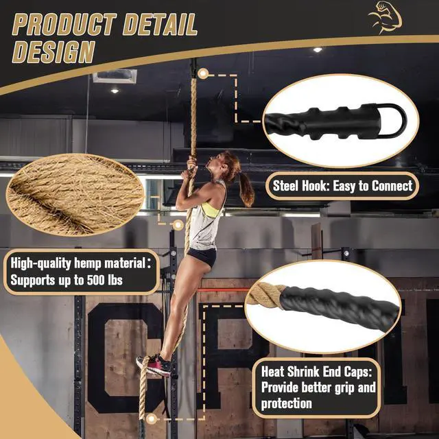 Alt view image 2 of 7 - Gym Climbing Rope, Indoor Outdoor Climbing Ropes - Climbing Rope for Adults - 10ft Length, 1.5" Diameter, Climbing Ropes with Hook for Indoor and Outdoor Fitness
