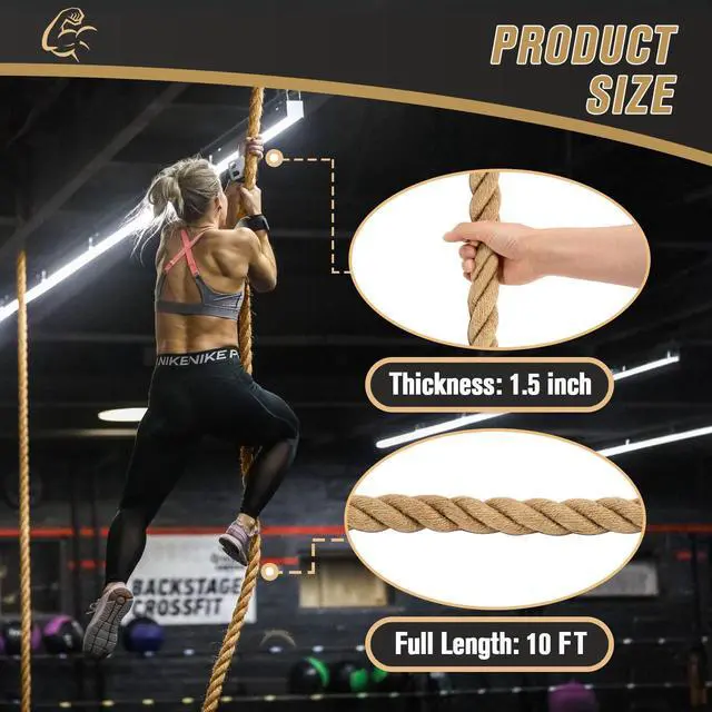 Alt view image 3 of 7 - Gym Climbing Rope, Indoor Outdoor Climbing Ropes - Climbing Rope for Adults - 10ft Length, 1.5" Diameter, Climbing Ropes with Hook for Indoor and Outdoor Fitness