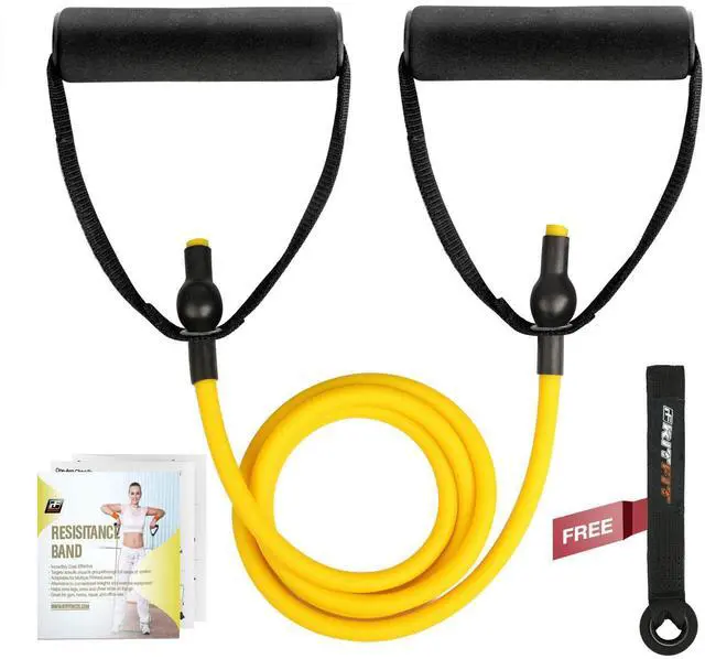 Main image of Single Resistance Exercise Band with Comfortable Handles - Ideal for Physical Therapy, Strength Training, Muscle Toning - Foam Padding Door Anchor and Starter Guide Included (Yellow(1-5lbs)