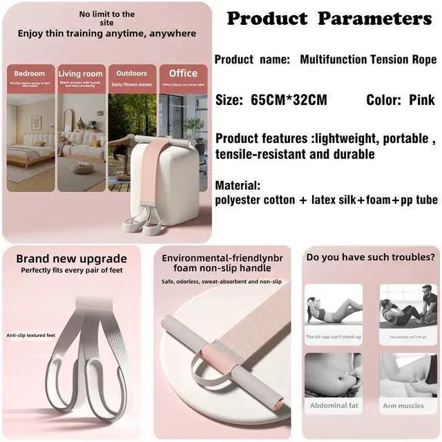 Alt view image 5 of 7 - 2025 New Yoga Pedal Resistance Fabric Band with Handles Anti-Broken Elastic Sit Up Pull Rope for Strength Training 120lb Full-Body Excercise Band Portable Unisex Resistance Exercise Bands (Pink)