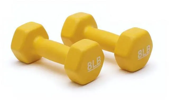 Main image of Neoprene Hexagon Shape Dumbbell Hand Weights, Prevents Rolling Away, 8 Pounds, Pair, Yellow
