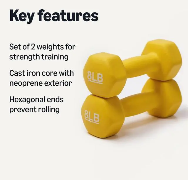 Alt view image 2 of 6 - Neoprene Hexagon Shape Dumbbell Hand Weights, Prevents Rolling Away, 8 Pounds, Pair, Yellow