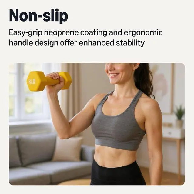 Alt view image 3 of 6 - Neoprene Hexagon Shape Dumbbell Hand Weights, Prevents Rolling Away, 8 Pounds, Pair, Yellow