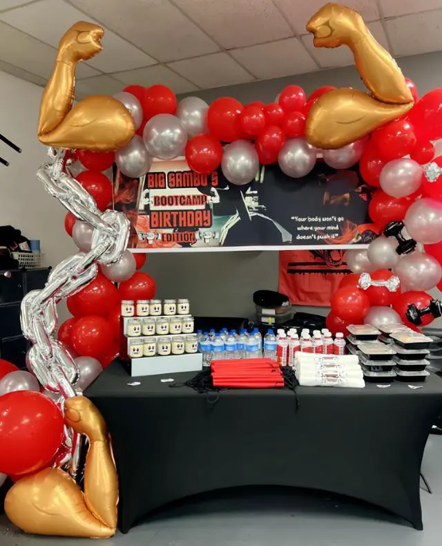 Alt view image 3 of 7 - 7Pcs Gym Birthday Party Decorations/Gold Bicep Muscle Balloon + Mini Dumbbell Balloons/Crossfit & Fitness Party Supplies for Weightlifters, MMA Fans, HIIT & Fight Night