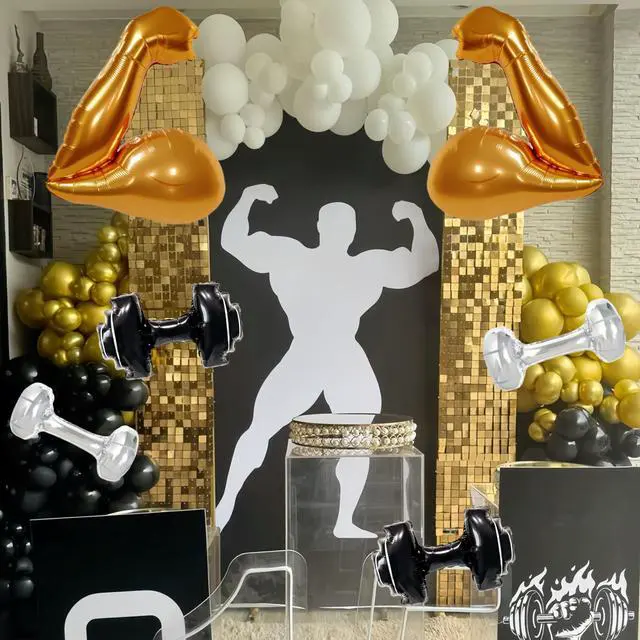 Alt view image 6 of 7 - 7Pcs Gym Birthday Party Decorations/Gold Bicep Muscle Balloon + Mini Dumbbell Balloons/Crossfit & Fitness Party Supplies for Weightlifters, MMA Fans, HIIT & Fight Night