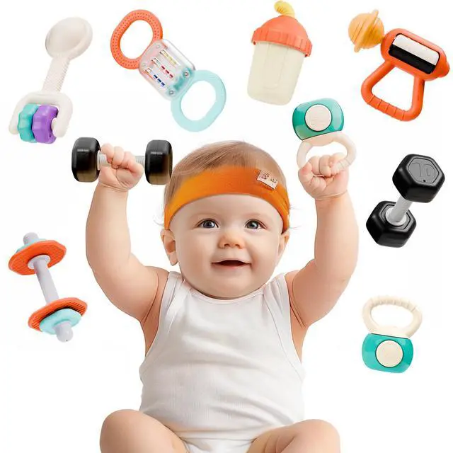 Main image of Baby First Gym Rattle Set, Infant Dumbbell Weights Teething Rattles 3-6-12 Month, Newborn Workout Sensory Stroller Toy, Babies Birthday Shower Gift 5 7 8 9 10 Month Toddler Boy Girl-7PCS