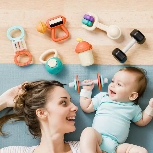 Alt view image 3 of 7 - Baby First Gym Rattle Set, Infant Dumbbell Weights Teething Rattles 3-6-12 Month, Newborn Workout Sensory Stroller Toy, Babies Birthday Shower Gift 5 7 8 9 10 Month Toddler Boy Girl-7PCS