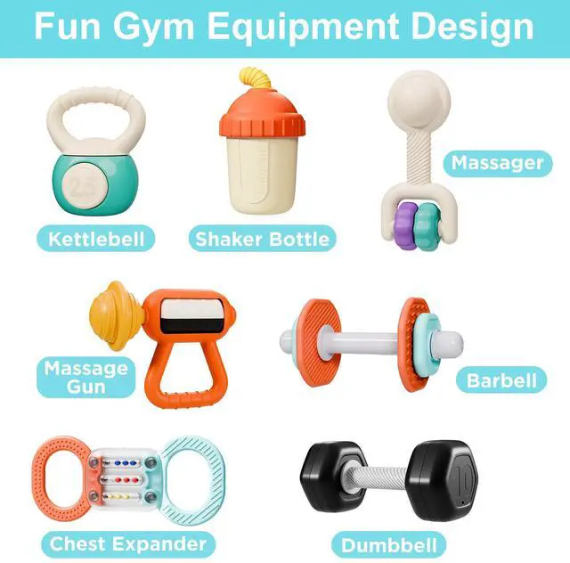 Alt view image 4 of 7 - Baby First Gym Rattle Set, Infant Dumbbell Weights Teething Rattles 3-6-12 Month, Newborn Workout Sensory Stroller Toy, Babies Birthday Shower Gift 5 7 8 9 10 Month Toddler Boy Girl-7PCS