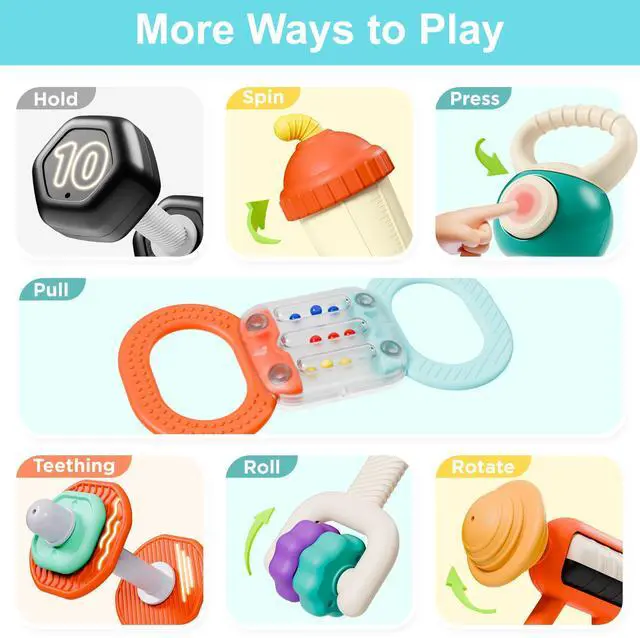Alt view image 5 of 7 - Baby First Gym Rattle Set, Infant Dumbbell Weights Teething Rattles 3-6-12 Month, Newborn Workout Sensory Stroller Toy, Babies Birthday Shower Gift 5 7 8 9 10 Month Toddler Boy Girl-7PCS