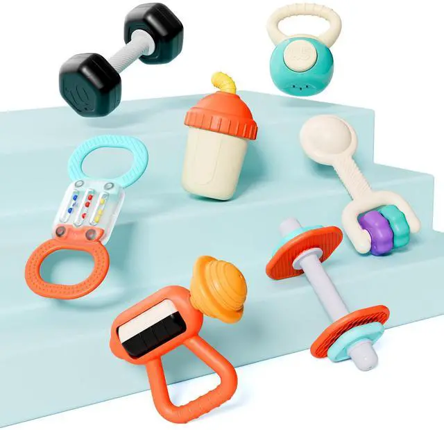 Alt view image 6 of 7 - Baby First Gym Rattle Set, Infant Dumbbell Weights Teething Rattles 3-6-12 Month, Newborn Workout Sensory Stroller Toy, Babies Birthday Shower Gift 5 7 8 9 10 Month Toddler Boy Girl-7PCS