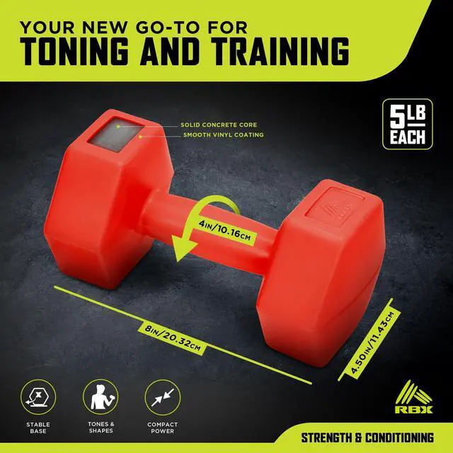 Alt view image 2 of 6 - 5LB Hexagonal Dumbbell Set, Roll-Proof Vinyl-Coated Weights, Easy Grip, Ideal for Upper Body Toning, Travel Friendly, Great for All Fitness Levels Red