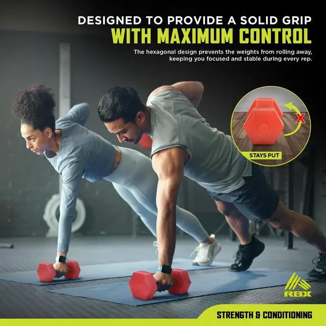 Alt view image 3 of 6 - 5LB Hexagonal Dumbbell Set, Roll-Proof Vinyl-Coated Weights, Easy Grip, Ideal for Upper Body Toning, Travel Friendly, Great for All Fitness Levels Red