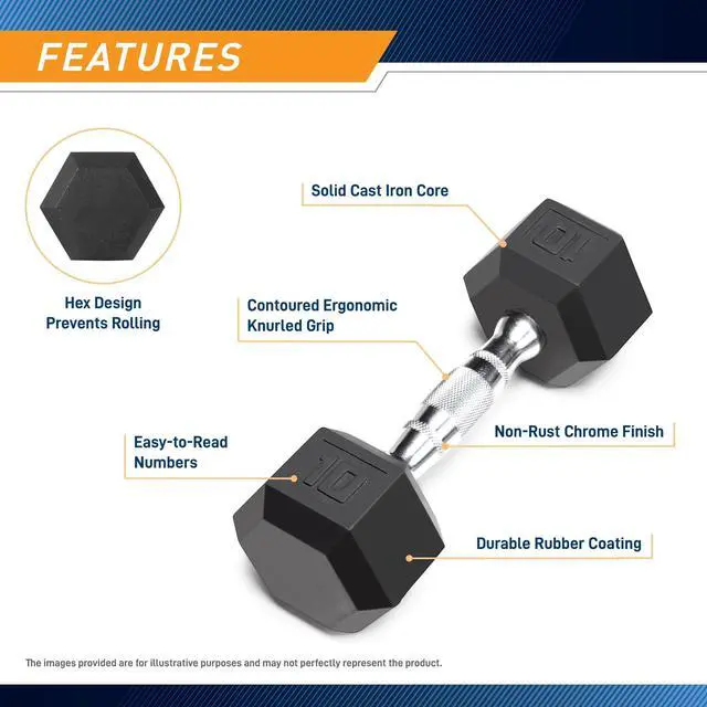 Alt view image 3 of 7 - Classic Rubber Hex Dumbbell with Knurled Grip for Strength Training and Bodybuilding 10-lbs Single Dumbbell IBRH-010