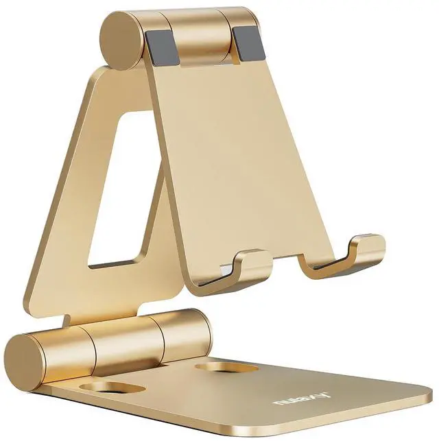 Main image of Dual Folding Cell Phone Stand, Fully Adjustable Foldable Desktop Phone Holder Cradle Dock Compatible with iPhone 17 16 15 14 13 12 11 Pro Xs Xs Max Xr X 8, Nintendo Switch, All Phones - Gold