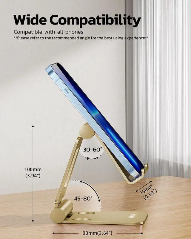Alt view image 2 of 6 - Dual Folding Cell Phone Stand, Fully Adjustable Foldable Desktop Phone Holder Cradle Dock Compatible with iPhone 17 16 15 14 13 12 11 Pro Xs Xs Max Xr X 8, Nintendo Switch, All Phones - Gold