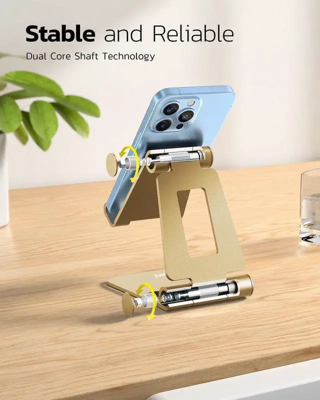 Alt view image 4 of 6 - Dual Folding Cell Phone Stand, Fully Adjustable Foldable Desktop Phone Holder Cradle Dock Compatible with iPhone 17 16 15 14 13 12 11 Pro Xs Xs Max Xr X 8, Nintendo Switch, All Phones - Gold