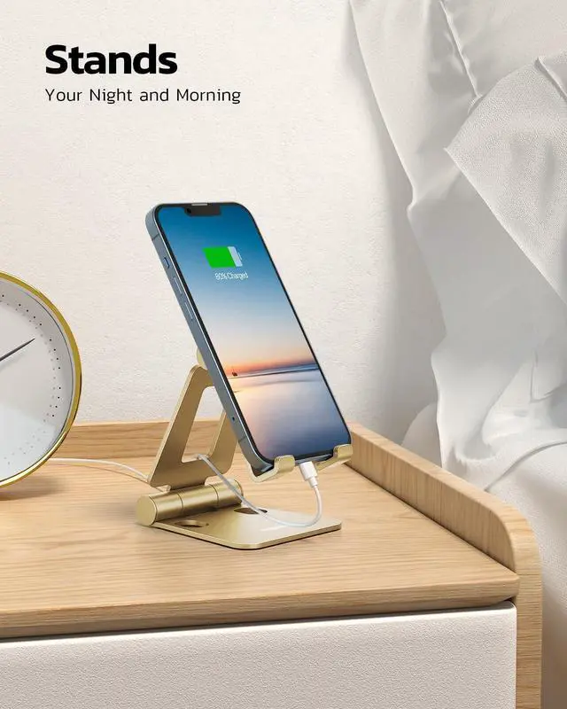 Alt view image 3 of 6 - Dual Folding Cell Phone Stand, Fully Adjustable Foldable Desktop Phone Holder Cradle Dock Compatible with iPhone 17 16 15 14 13 12 11 Pro Xs Xs Max Xr X 8, Nintendo Switch, All Phones - Gold