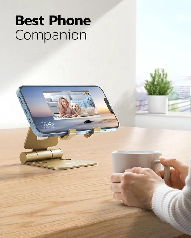 Alt view image 6 of 6 - Dual Folding Cell Phone Stand, Fully Adjustable Foldable Desktop Phone Holder Cradle Dock Compatible with iPhone 17 16 15 14 13 12 11 Pro Xs Xs Max Xr X 8, Nintendo Switch, All Phones - Gold