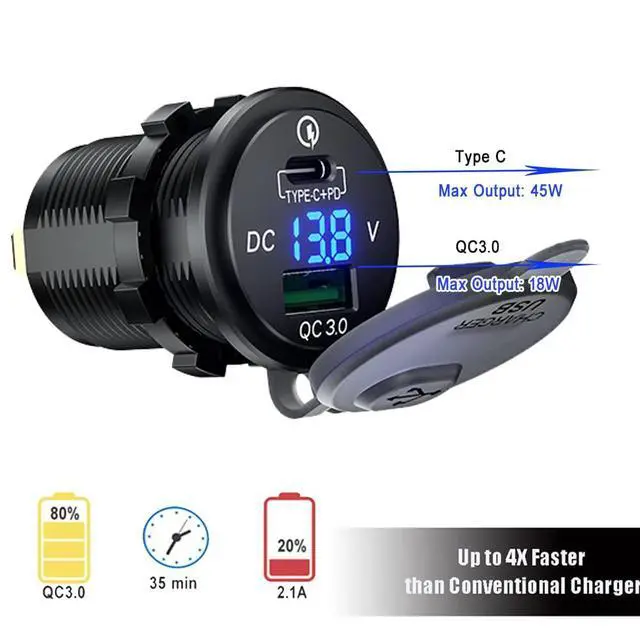Alt view image 2 of 7 - 63W USB C Car Charger Socket, 45W PD Outlet 18W QC3.0 Charger 12V USB Cigarette Lighter Socket with LED Voltmeter for Car RV Boat Marine Truck Motorcycle