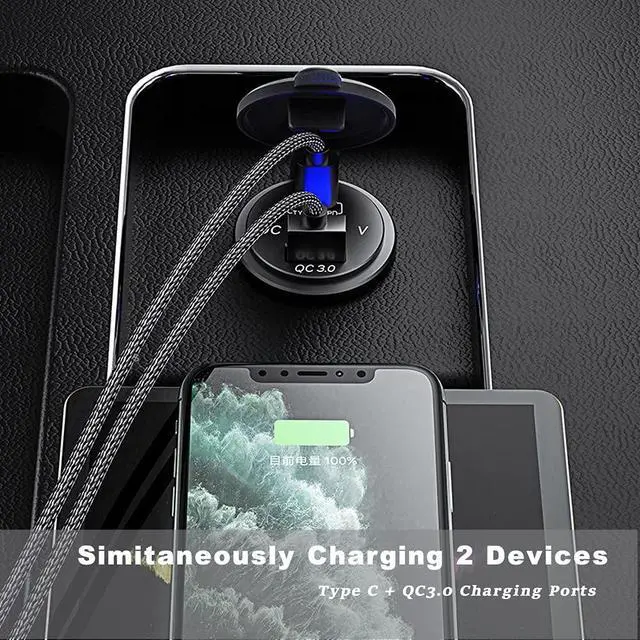 Alt view image 3 of 7 - 63W USB C Car Charger Socket, 45W PD Outlet 18W QC3.0 Charger 12V USB Cigarette Lighter Socket with LED Voltmeter for Car RV Boat Marine Truck Motorcycle
