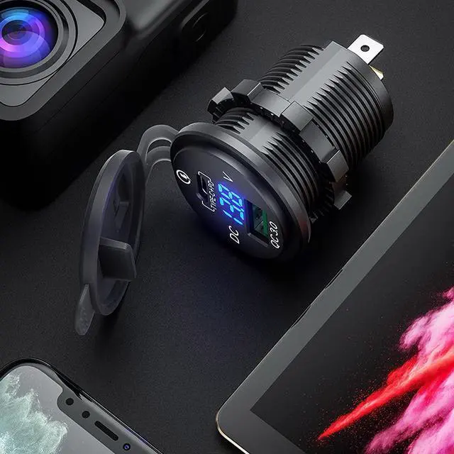 Alt view image 4 of 7 - 63W USB C Car Charger Socket, 45W PD Outlet 18W QC3.0 Charger 12V USB Cigarette Lighter Socket with LED Voltmeter for Car RV Boat Marine Truck Motorcycle