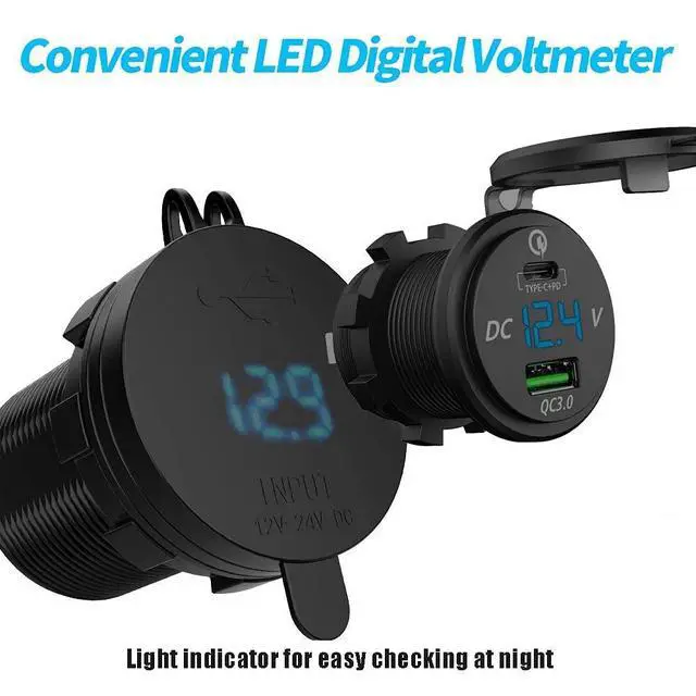 Alt view image 5 of 7 - 63W USB C Car Charger Socket, 45W PD Outlet 18W QC3.0 Charger 12V USB Cigarette Lighter Socket with LED Voltmeter for Car RV Boat Marine Truck Motorcycle