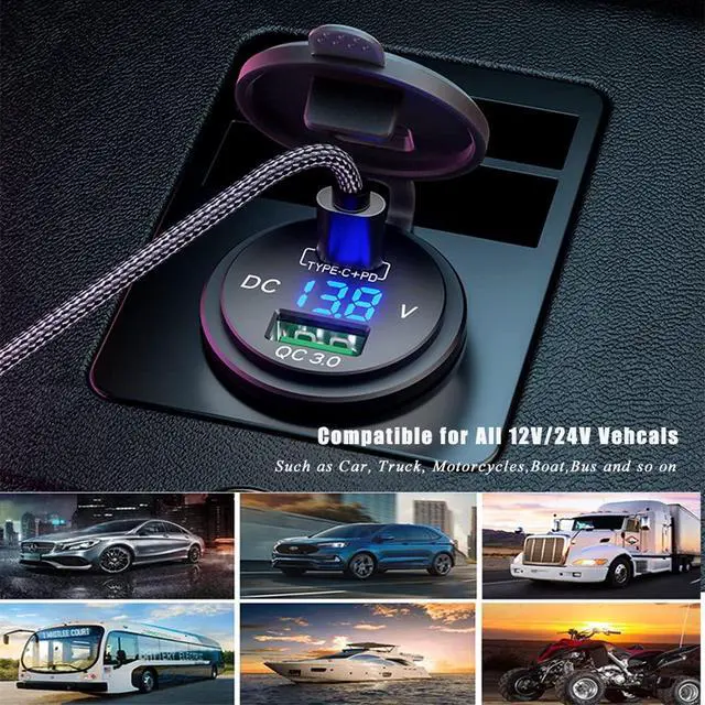 Alt view image 6 of 7 - 63W USB C Car Charger Socket, 45W PD Outlet 18W QC3.0 Charger 12V USB Cigarette Lighter Socket with LED Voltmeter for Car RV Boat Marine Truck Motorcycle