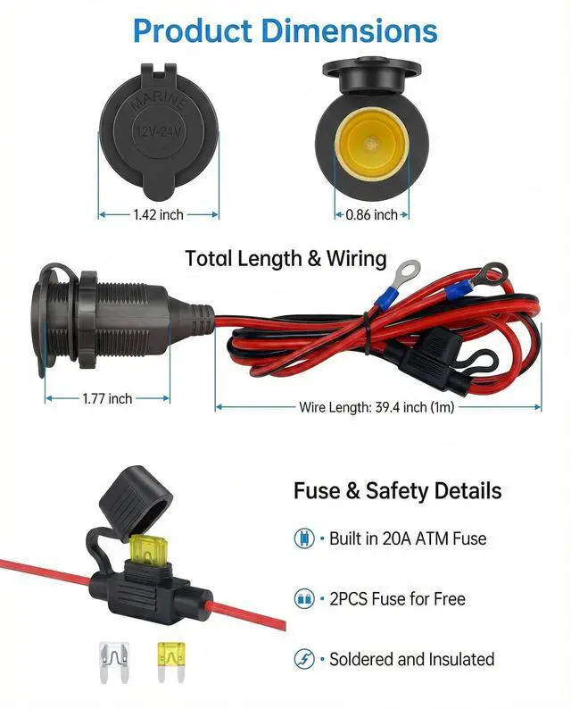 Alt view image 3 of 6 - 3FT 12V Fixed Thread Cigarette Lighter Socket Extension Cable, 12V Waterproof Outlet Socket Replacement 13AWG Heavy Duty Cable