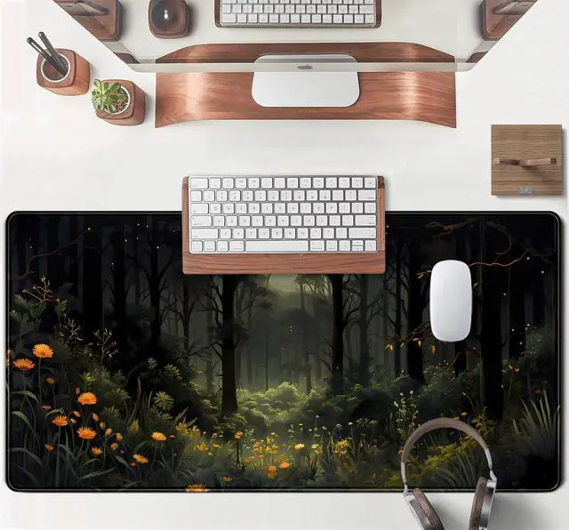 Alt view image 4 of 7 - Dark Forest Desk Mat Mouse pad, Green Nature Deskmat XXL Large Extended Aesthetic Plant Mousepad Gaming Desk Pad, Big Laptop Computer Keyboard and Mouse Mat for Women Office Desk Decor 31.5x15.7 in