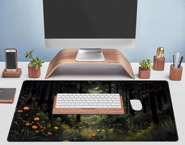 Alt view image 5 of 7 - Dark Forest Desk Mat Mouse pad, Green Nature Deskmat XXL Large Extended Aesthetic Plant Mousepad Gaming Desk Pad, Big Laptop Computer Keyboard and Mouse Mat for Women Office Desk Decor 31.5x15.7 in