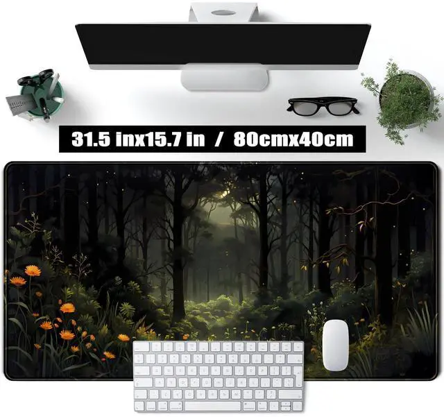 Alt view image 2 of 7 - Dark Forest Desk Mat Mouse pad, Green Nature Deskmat XXL Large Extended Aesthetic Plant Mousepad Gaming Desk Pad, Big Laptop Computer Keyboard and Mouse Mat for Women Office Desk Decor 31.5x15.7 in
