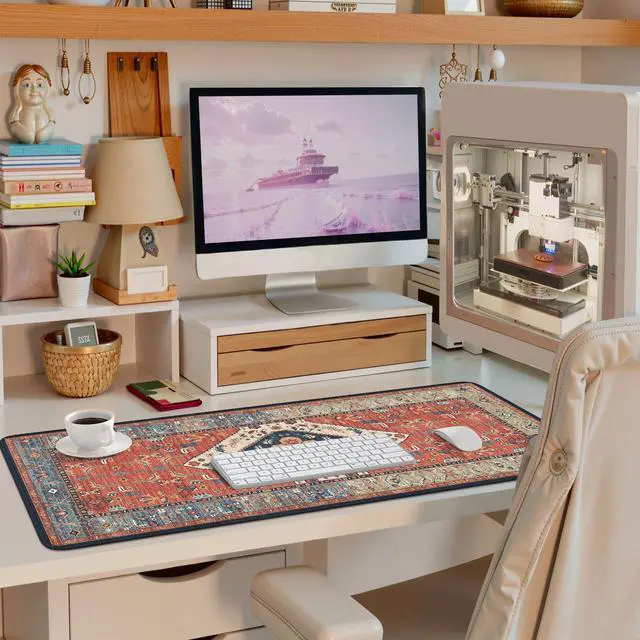 Alt view image 2 of 7 - Rug Desk Mat Retro,Extra Large Desk Pad Non Slip,XXL Keyboard Mat for Home,Long Extended Gaming Mouse Pad with Stitched Edges,Desk Cover Mat for Office Decor (Brown)