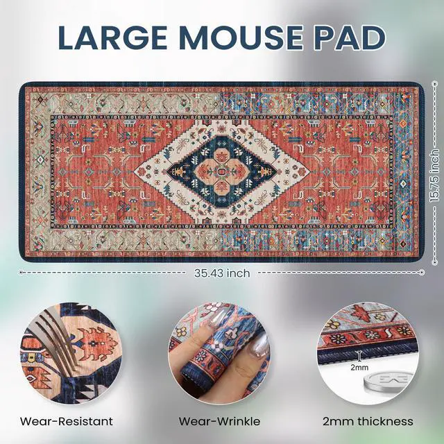 Alt view image 3 of 7 - Rug Desk Mat Retro,Extra Large Desk Pad Non Slip,XXL Keyboard Mat for Home,Long Extended Gaming Mouse Pad with Stitched Edges,Desk Cover Mat for Office Decor (Brown)