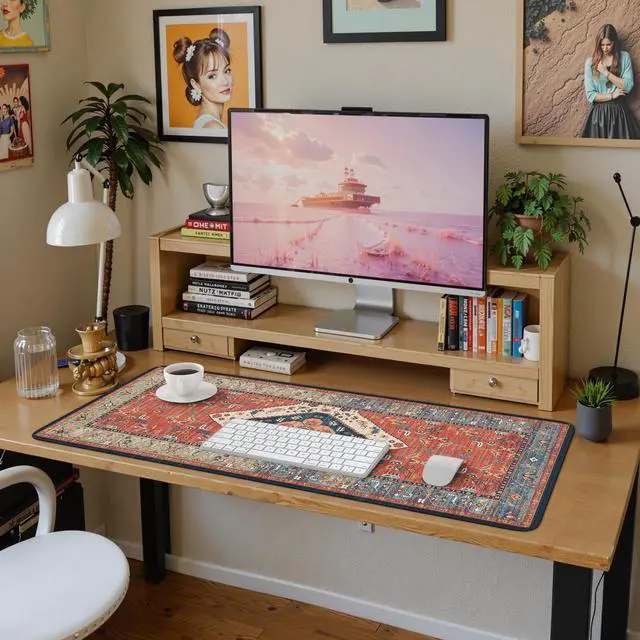 Alt view image 7 of 7 - Rug Desk Mat Retro,Extra Large Desk Pad Non Slip,XXL Keyboard Mat for Home,Long Extended Gaming Mouse Pad with Stitched Edges,Desk Cover Mat for Office Decor (Brown)