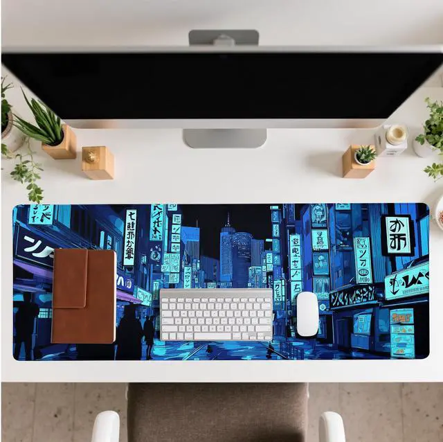 Alt view image 3 of 7 - Dark Blue Japanese Gaming Mouse Pad Abstract Anime Mat 31.5x11.8 Inch Tokyo Pixel Street Texture Non-Slip Rubber Base Kawaii Mousepad Stitched Edges Keyboard Desk Pad for Office and Home Game