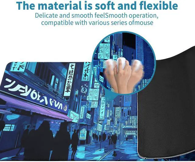 Alt view image 5 of 7 - Dark Blue Japanese Gaming Mouse Pad Abstract Anime Mat 31.5x11.8 Inch Tokyo Pixel Street Texture Non-Slip Rubber Base Kawaii Mousepad Stitched Edges Keyboard Desk Pad for Office and Home Game