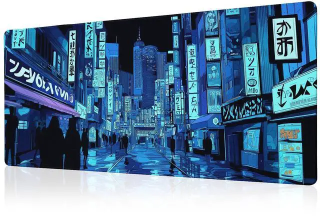 Main image of Dark Blue Japanese Gaming Mouse Pad Abstract Anime Mat 31.5x11.8 Inch Tokyo Pixel Street Texture Non-Slip Rubber Base Kawaii Mousepad Stitched Edges Keyboard Desk Pad for Office and Home Game