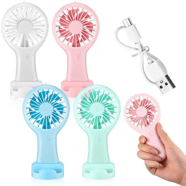 Main image of 4 Pcs Mini Handheld Fan Bulk 3 Speed USB Electric Battery Operated Small Portable Pocket Fan with Data Cable and Mounting Base Summer Gift for Wedding Camping Travel(White, Pink, Blue, Green)