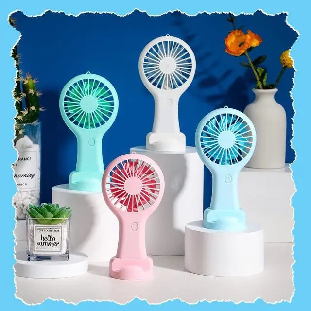 Alt view image 3 of 6 - 4 Pcs Mini Handheld Fan Bulk 3 Speed USB Electric Battery Operated Small Portable Pocket Fan with Data Cable and Mounting Base Summer Gift for Wedding Camping Travel(White, Pink, Blue, Green)