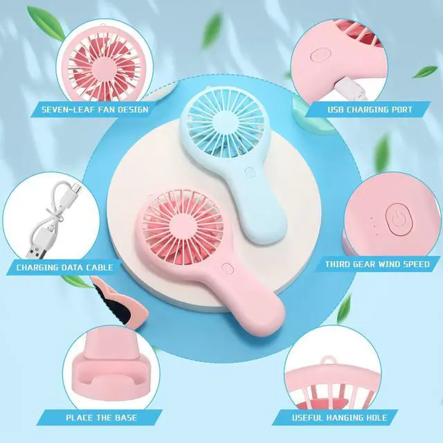 Alt view image 4 of 6 - 4 Pcs Mini Handheld Fan Bulk 3 Speed USB Electric Battery Operated Small Portable Pocket Fan with Data Cable and Mounting Base Summer Gift for Wedding Camping Travel(White, Pink, Blue, Green)