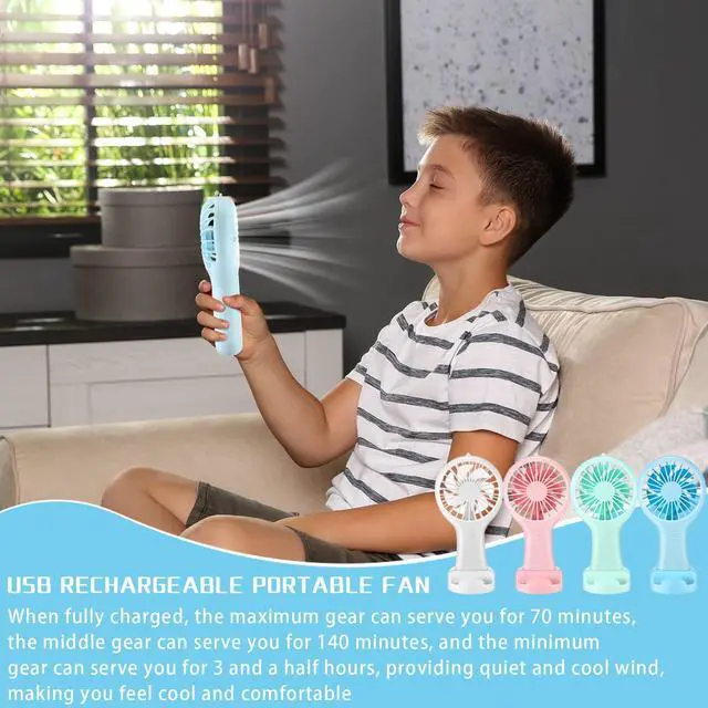 Alt view image 5 of 6 - 4 Pcs Mini Handheld Fan Bulk 3 Speed USB Electric Battery Operated Small Portable Pocket Fan with Data Cable and Mounting Base Summer Gift for Wedding Camping Travel(White, Pink, Blue, Green)