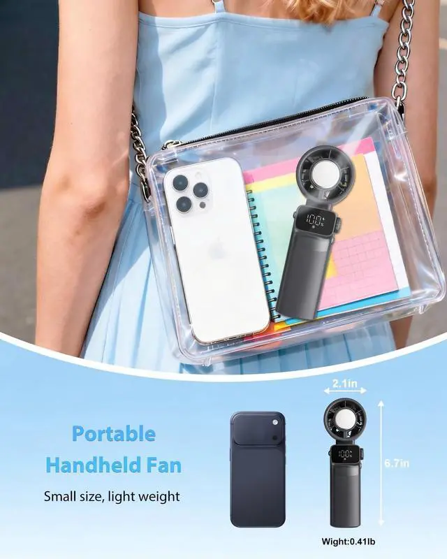 Alt view image 7 of 7 - Portable Handheld Fan with Ice Cooling, Up to 13Hrs Rechargeable Personal Fan, Foldable Hand Held Pocket Mini Turbo Fans for Travel, Camping, Hiking, Beach, Office, Outdoor