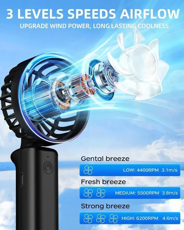 Alt view image 5 of 7 - Portable Handheld Fan, Mini Desk Fan Foldable 2000mAh, 180° Ratotion, 3 Speeds, Ultra Quite, Up to 8H Long Use Time, Small Personal Cooling Fans Makeup Lash Fan for Women Girls