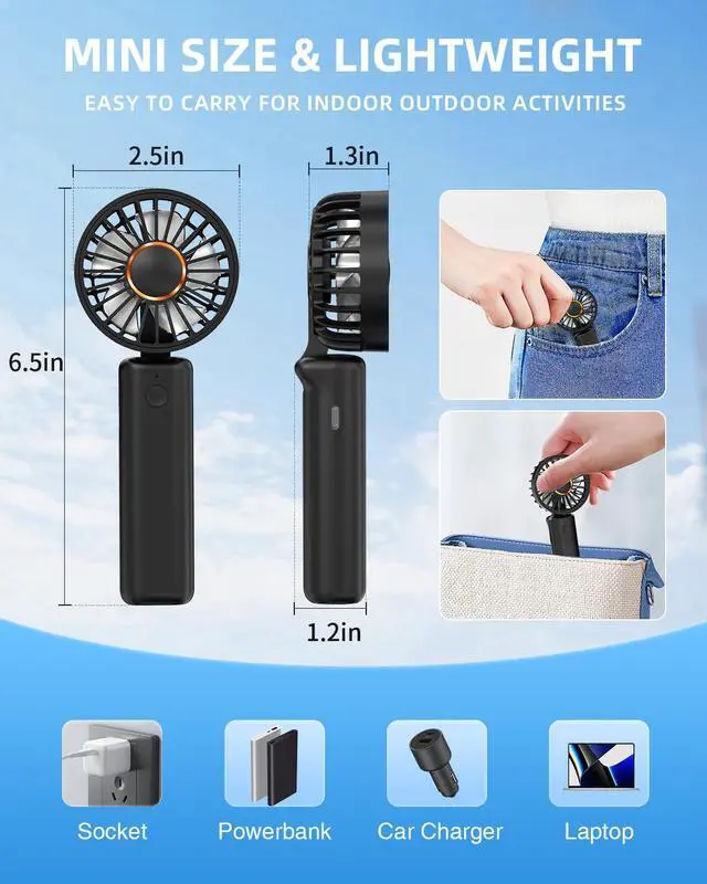 Alt view image 7 of 7 - Portable Handheld Fan, Mini Desk Fan Foldable 2000mAh, 180° Ratotion, 3 Speeds, Ultra Quite, Up to 8H Long Use Time, Small Personal Cooling Fans Makeup Lash Fan for Women Girls
