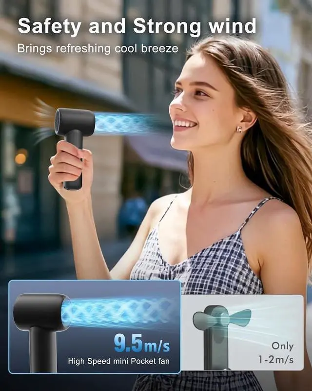 Alt view image 3 of 6 - Portable Handheld Fan, High Speed Turbo Mini Fan with 5 Speeds, 3000mAh USB-C Rechargeable Personal Fan, LED Digital Display, Small Pocket Fan for Travel, Camping, Concerts, Makeup (Black)
