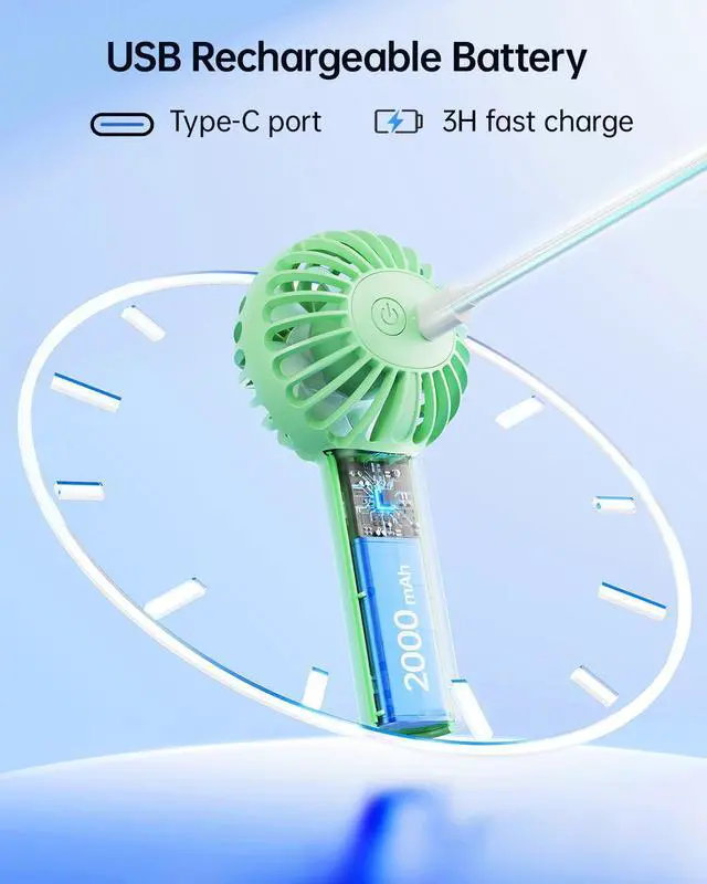 Alt view image 4 of 7 - Mini Portable Fan - Rechargeable Handheld Fan, 3 Speeds Personal Small Hand Gifts for Travel Essentials, Lash, Makeup, Eyelash, Kids, Girls, Women - USB, Cute Design Green