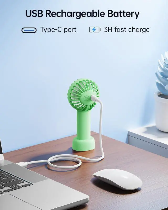 Alt view image 7 of 7 - Mini Portable Fan - Rechargeable Handheld Fan, 3 Speeds Personal Small Hand Gifts for Travel Essentials, Lash, Makeup, Eyelash, Kids, Girls, Women - USB, Cute Design Green