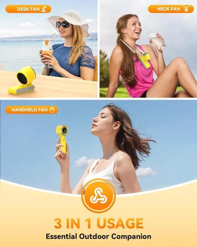 Alt view image 3 of 7 - Portable Handheld Turbo Fan, 5-Speed Personal Fan, USB-C Rechargeable Fan Up to 12 Hours, 3 IN 1 Hand Fan with Air Turbo Tech Cooling, Travel Fan for Cruise, Beach, Gifts for Women (Yellow)