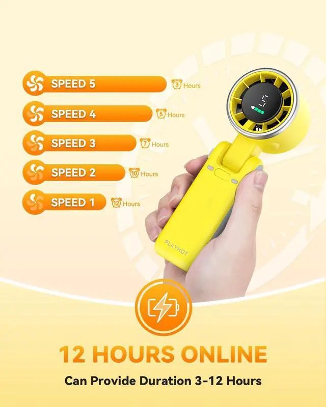 Alt view image 4 of 7 - Portable Handheld Turbo Fan, 5-Speed Personal Fan, USB-C Rechargeable Fan Up to 12 Hours, 3 IN 1 Hand Fan with Air Turbo Tech Cooling, Travel Fan for Cruise, Beach, Gifts for Women (Yellow)