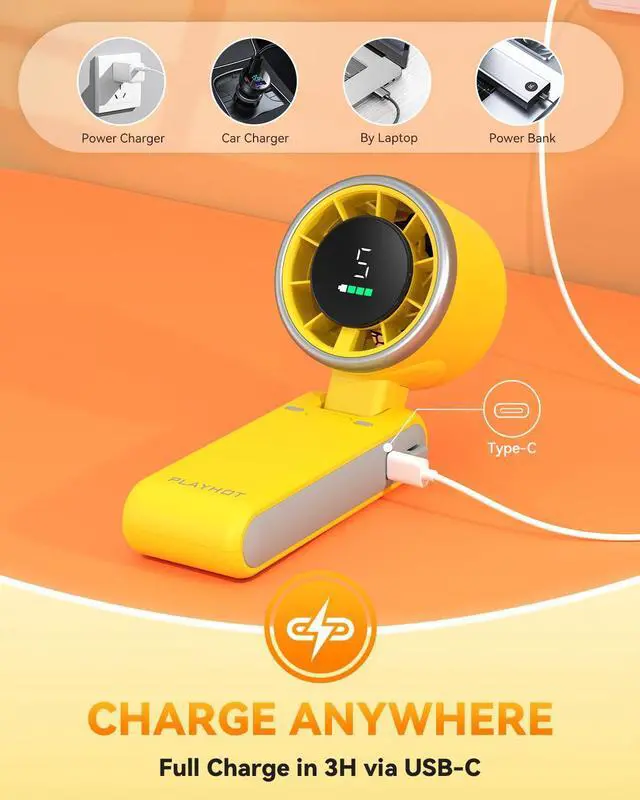 Alt view image 5 of 7 - Portable Handheld Turbo Fan, 5-Speed Personal Fan, USB-C Rechargeable Fan Up to 12 Hours, 3 IN 1 Hand Fan with Air Turbo Tech Cooling, Travel Fan for Cruise, Beach, Gifts for Women (Yellow)